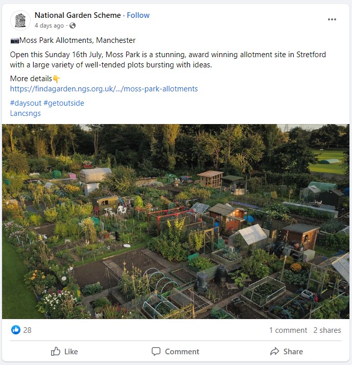 Screenshot of Facebook Post announcing Moss Park Allotments open 16th July to display a stunning, award winning allotment site in Stretford with a large variety of well-tended plots bursting with ideas.