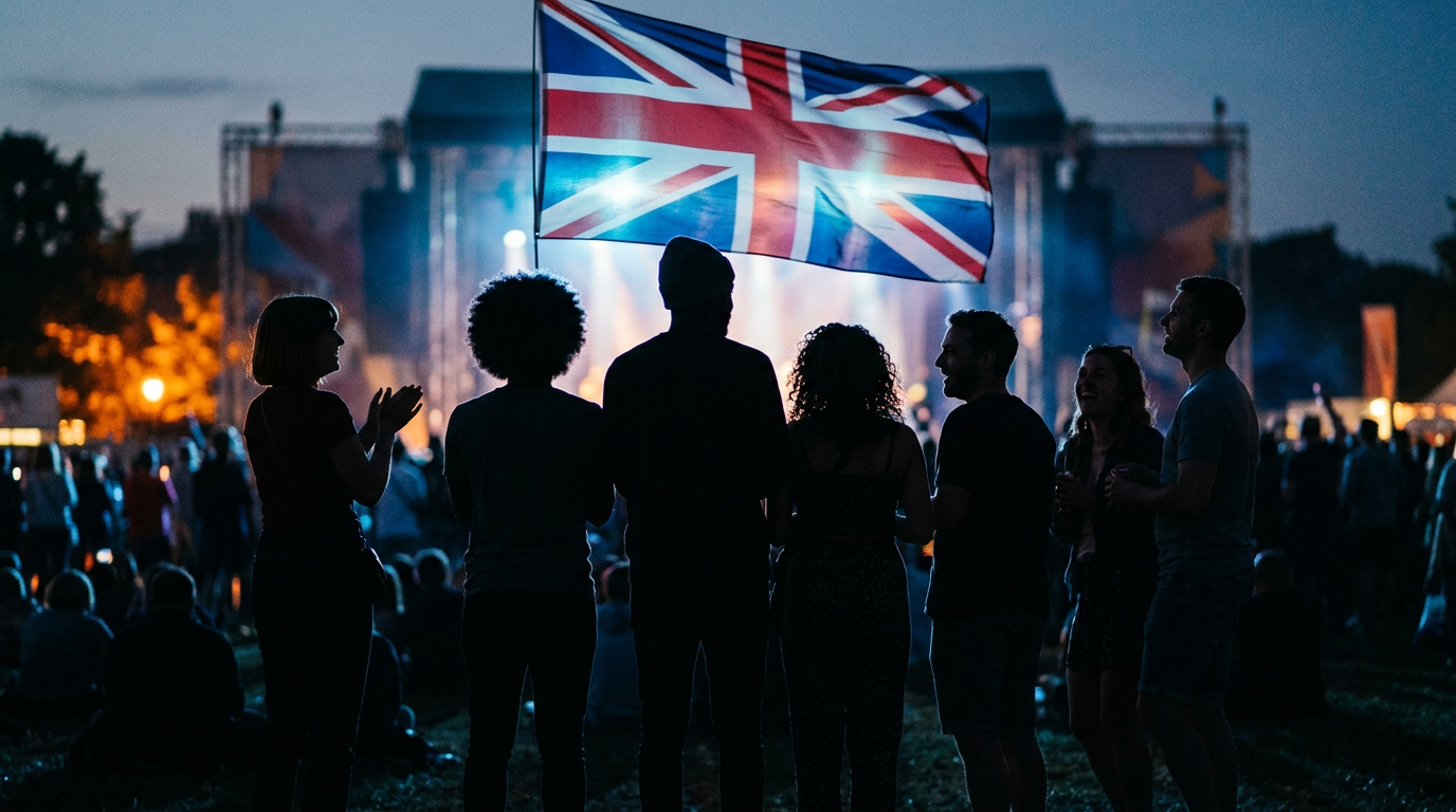 Group of people silhouetted against stage lighting holding a British flag at an outdoor concert